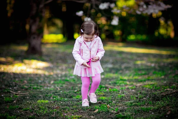 Маленькая Красивая Девушка Голубыми Глазами Прогуливаясь Парку — стоковое фото