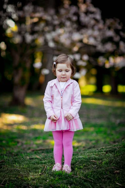 Uma Menina Pequena Bonita Com Olhos Azuis Andando Park Vestido — Fotografia de Stock