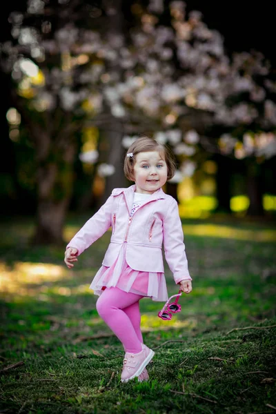 Ένα Μικρό Όμορφο Κορίτσι Μπλε Μάτια Περπατώντας Στο Πάρκο Ένα — Φωτογραφία Αρχείου