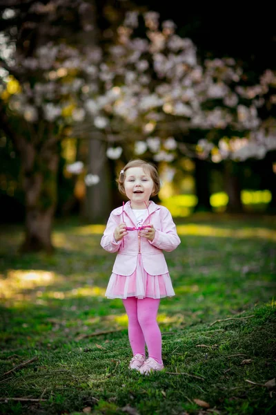 Uma Menina Pequena Bonita Com Olhos Azuis Andando Park Vestido — Fotografia de Stock