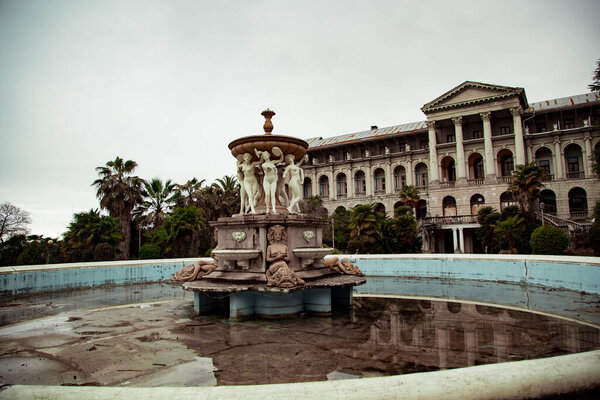 Sochi, Krasnodar Territory, Russia, 03.01.2020. Old, abandoned building, castle, with decorative elements