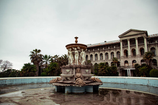 Sochi, Krasnodar Territory, Russia, 03.01.2020. Old, abandoned building, castle, with decorative elements