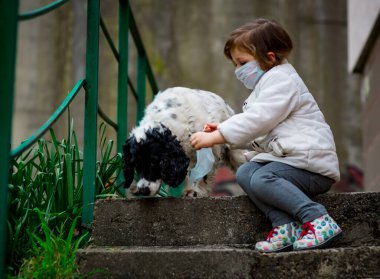 Tıbbi maskeli küçük bir kız covid-19 salgını sırasında bir köpekle bahçede yürür.