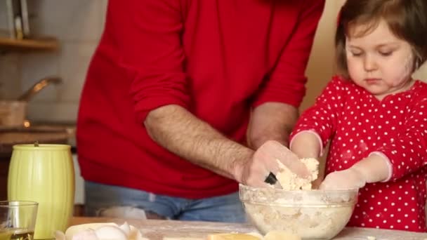 Little Girl Red Clothes Makes Cakes Out Flour Kitchen Home — Stock Video