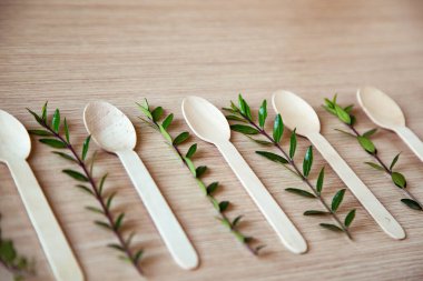 Çevre dostu, hafif ahşaptan yapılmış tek kullanımlık yiyecekler.