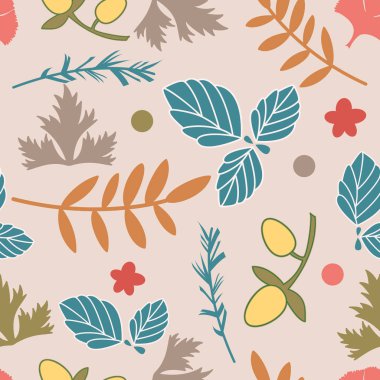 Dağılmış renkli çiçekler ve çizimler pürüzsüz desenli arka plan. Doğayla ilgili yaratıcı projeler için harika..