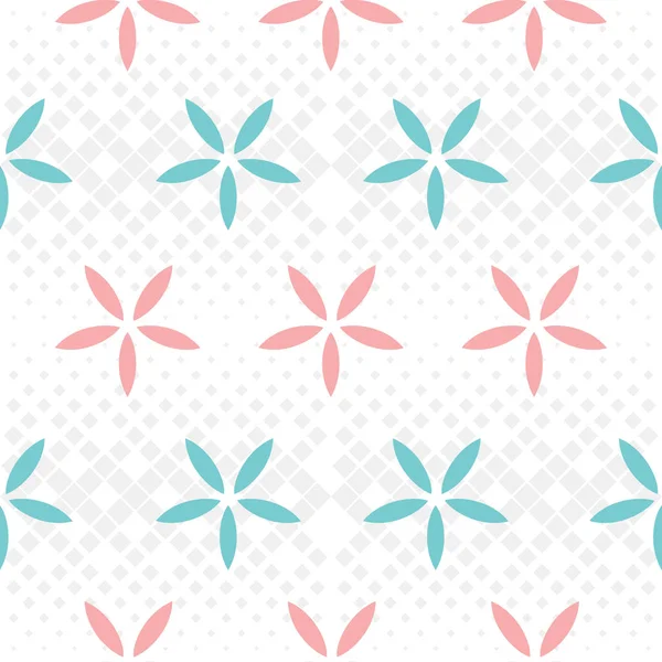Light Blue Pink Petals Grey Tiled Squares Seamless Pattern Background — Stock Vector
