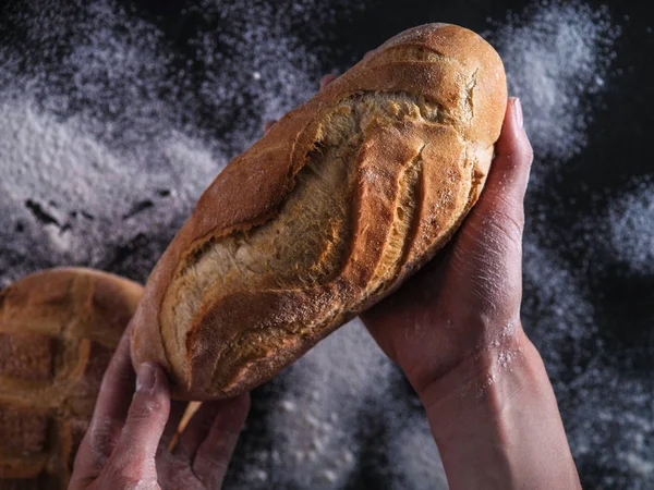 Baker's hands hold fresh bread — Stock Photo, Image