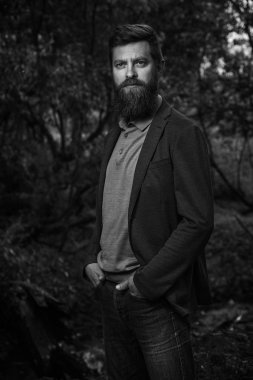 Klasik kostüm sakallı yakışıklı açık poz. 