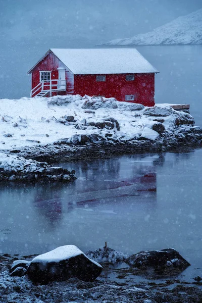 Norvégiában a tengerpart vörös rorbu ház — Stock Fotó