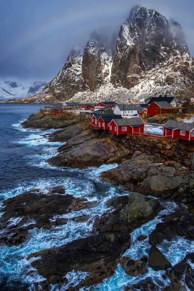 Kış zamanında Lofoten Adaları Norveç'in Hamnoy Köyü