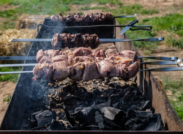 Marinated pork shashlik preparing on a barbecue grill over charc — Stock Photo, Image