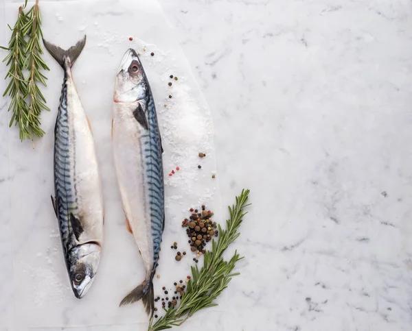 Taze çiğ uskumru balığı taze otlar ve baharatlar ile masada