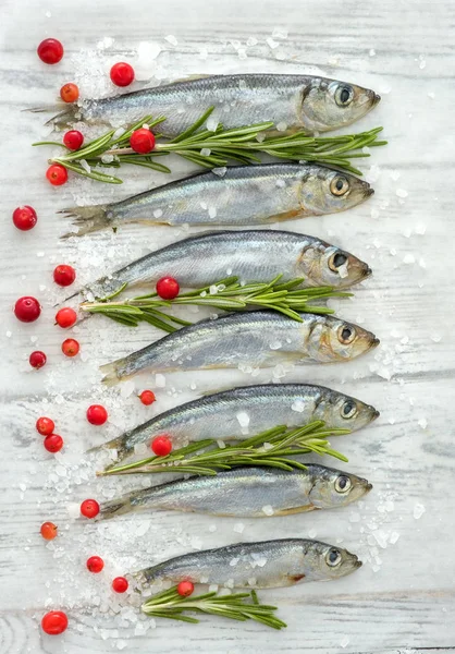 Färsk rå fisk strömming på ett bord med färska örter och co — Stockfoto