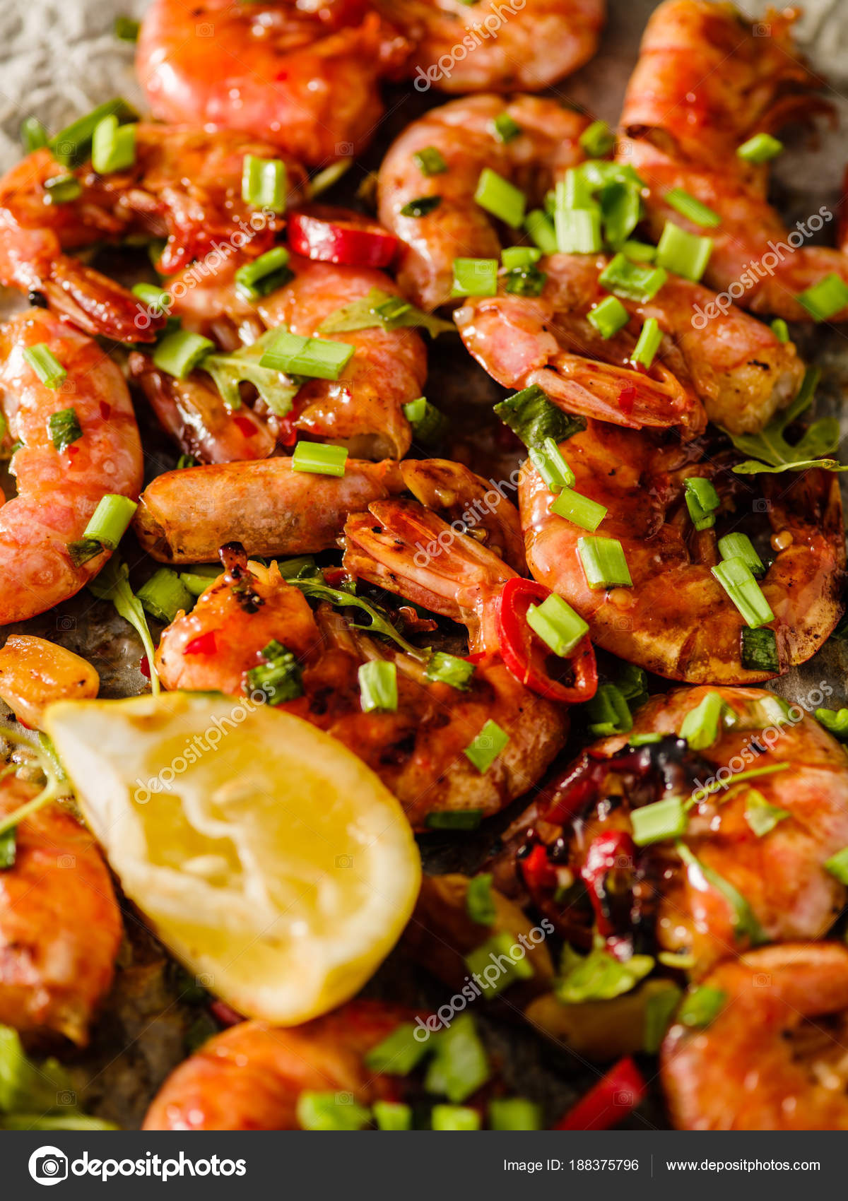 Large grilled BBQ shrimp with sweet chili sauce, green onion and Stock