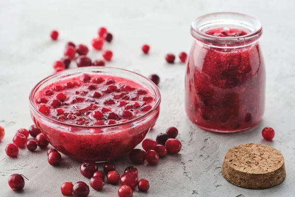 Cranberry Jam Glass Bowl Gray Background — Stock Photo, Image