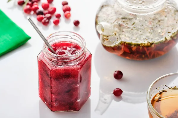 Cranberry Jam Glass Jar Teapot White Background — Stock Photo, Image