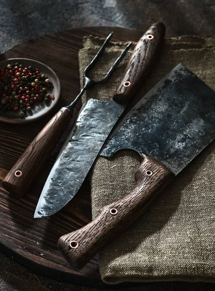 Stylish Butcher Set Cleaver Knife Fork Top View — Stock Photo, Image
