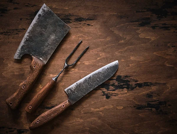 Kasap Seti Satır Bıçak Çatal Üst Görünüm — Stok fotoğraf