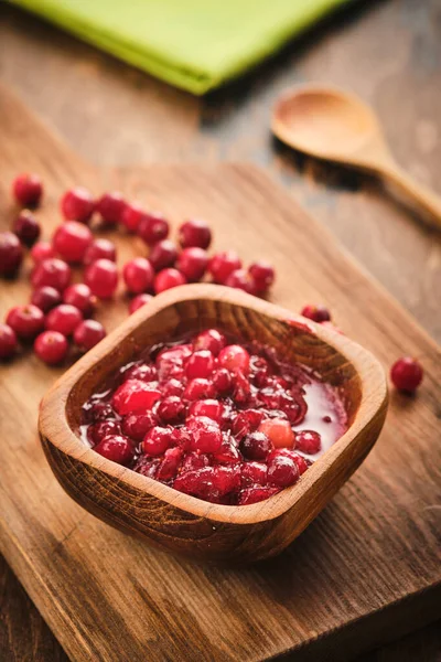 Cranberry Jam Wooden Bowl Wooden Background — Stock Photo, Image