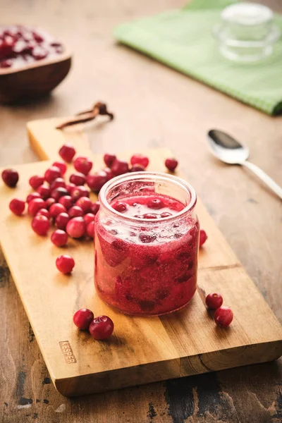Cranberry Jam Glass Jar Wooden Board — Stock Photo, Image