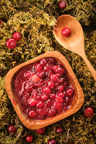 Cranberry Jam Wooden Bowl Background Forest Moss — Stock Photo, Image