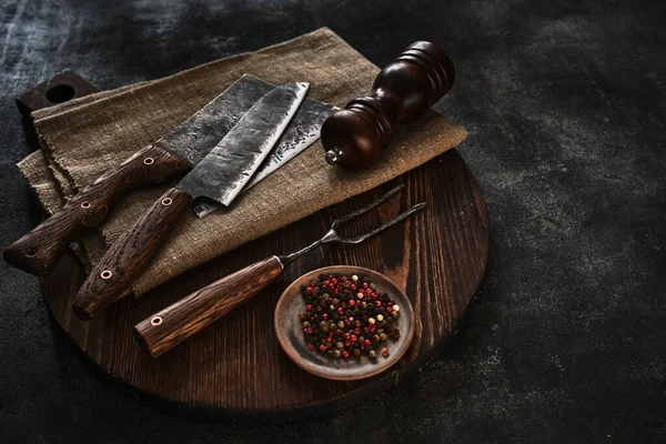 Stylish Butcher Set Cleaver Knife Fork Top View — Stock Photo, Image