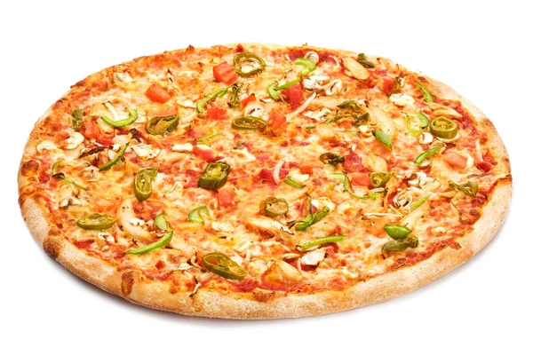 Вкусная Свежая Итальянская Классическая Пицца Помидорами Халапеньо Грибами Луком Белом — стоковое фото