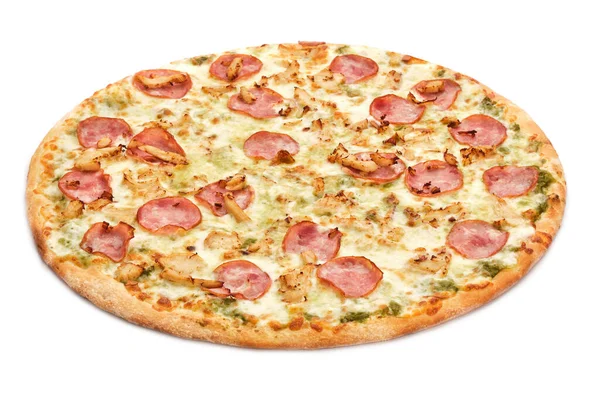 Pizza Original Clássica Italiana Fresca Com Salsichas Frango Sobre Fundo — Fotografia de Stock