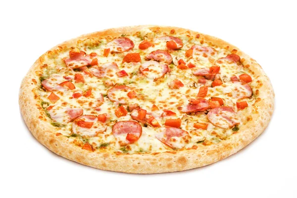 Pizza Original Clássica Italiana Fresca Com Salsichas Pimentão Sobre Fundo — Fotografia de Stock