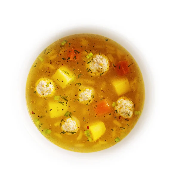 Sup Dengan Bakso Nasi Dan Kentang Lihat Dari Atas Close — Stok Foto