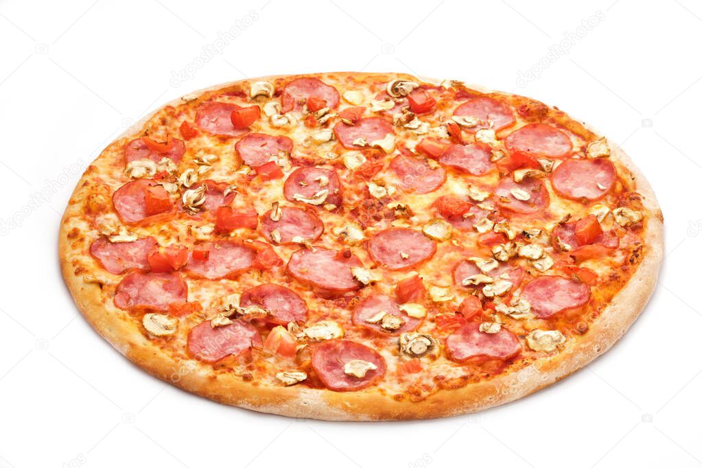 Fresh italian classic pizza with sausages and mushrooms isolated on a white background