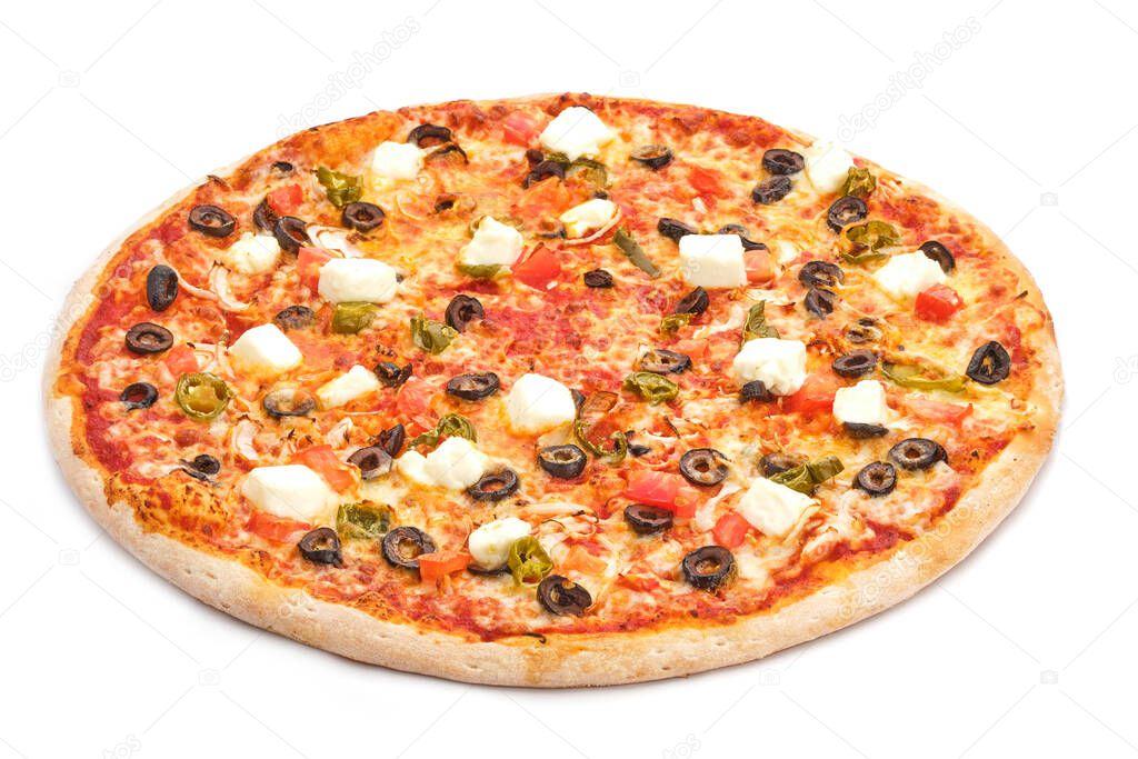 Tasty fresh italian classic pizza with mozzarella, olives, tomatoes and jalapenos isolated on white background