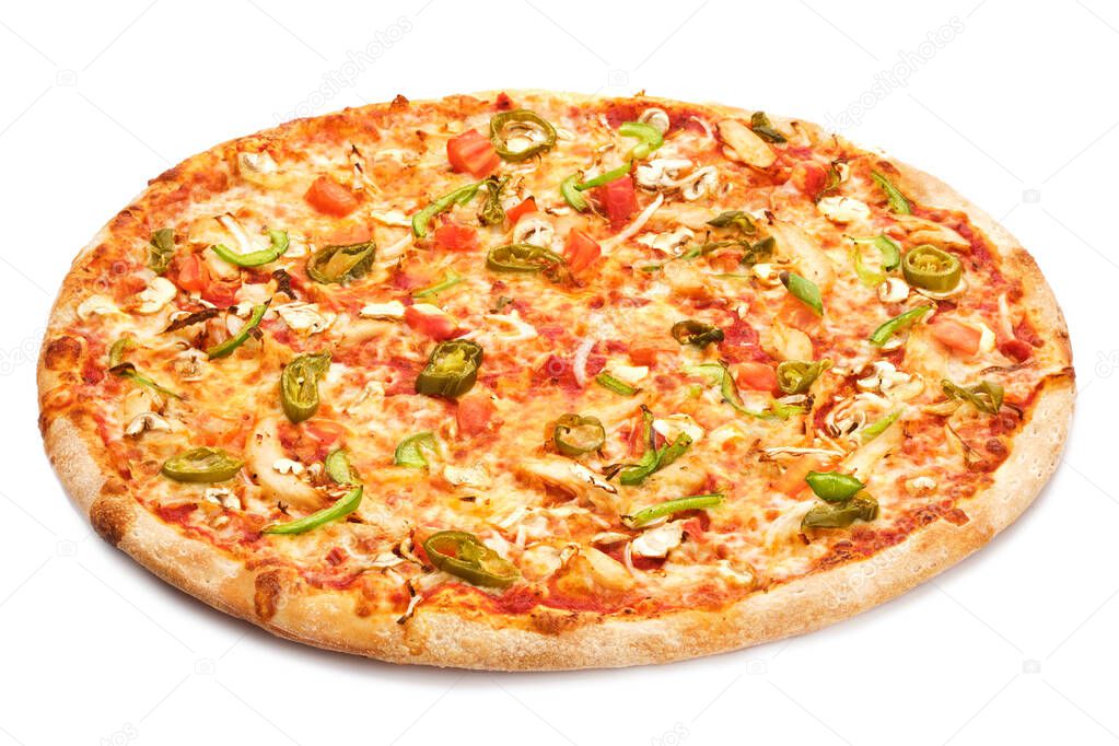 Tasty fresh italian classic pizza with tomatoes and jalapenos, mushrooms and onions isolated on white background