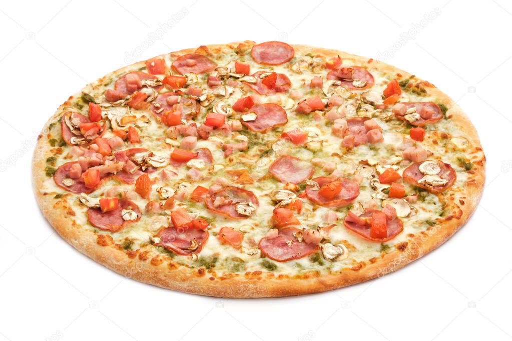 Tasty fresh italian classic pizza with tomato, sausages, bacon and mushrooms isolated on a white background
