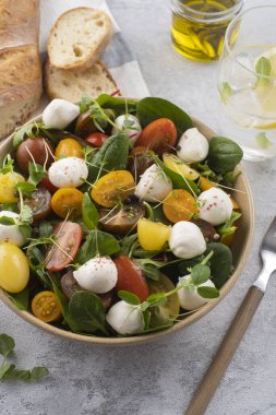 Mozzarella, ıspanak ve vişneli domatesli salata. Sağlıklı beslenme. Vejetaryen yemeği..