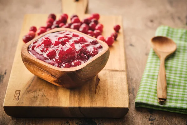 Cranberry Jam Wooden Bowl Wooden Background — Stock Photo, Image