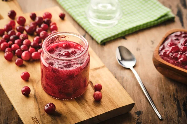 Cranberry Jam Glass Jar Wooden Board — Stock Photo, Image