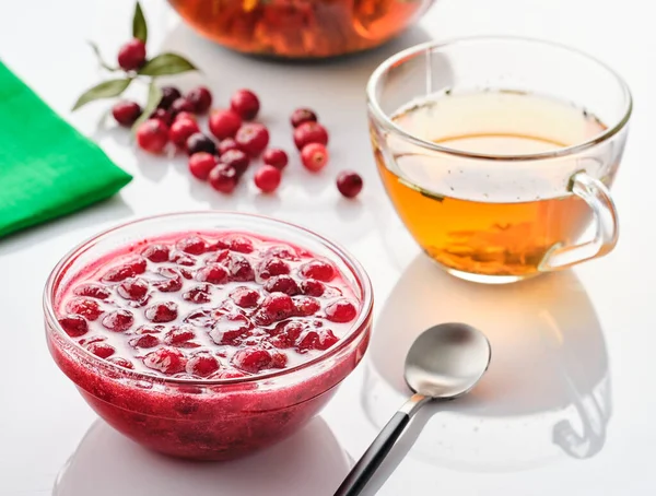 Cranberry Jam Glass Bowl Teapot White Background — Stock Photo, Image