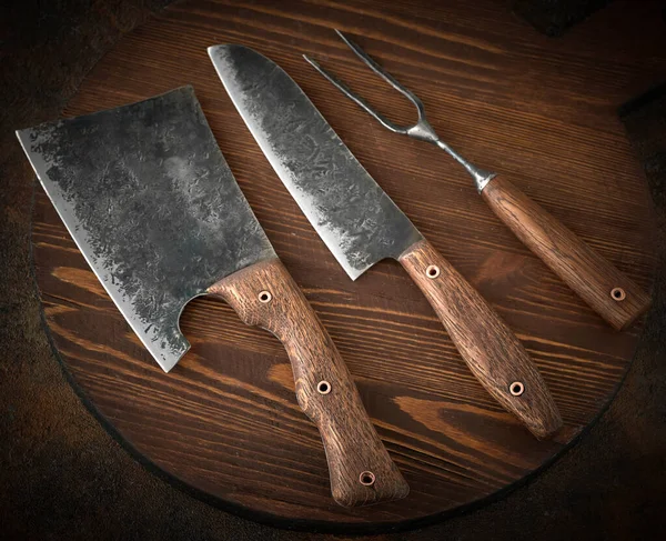 Stylish Butcher Set Cleaver Knife Fork Top View — Stock Photo, Image