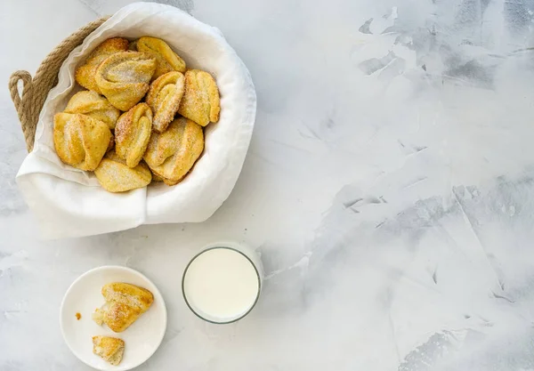 Curd Cookies Basket White Table Milk Breakfast Concept Cottage Cheese — Stock Photo, Image