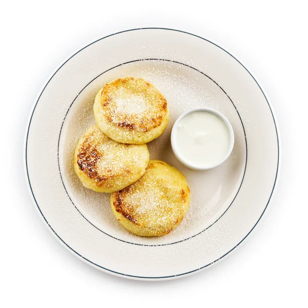 Cheesecakes Sour Cream Sprinkle Powdered Sugar White Plate Cottage Cheese — Stock Photo, Image