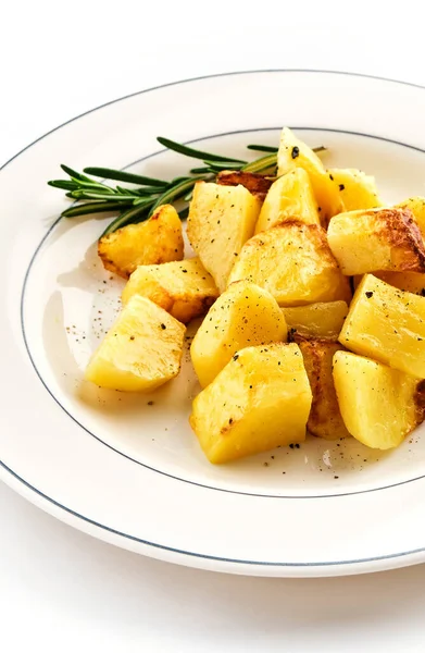 Fried Baked Potatoes Rosemary White Plate — Stock Photo, Image