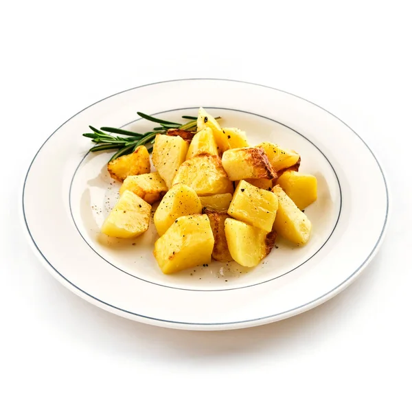 Fried Baked Potatoes Rosemary White Plate — Stock Photo, Image