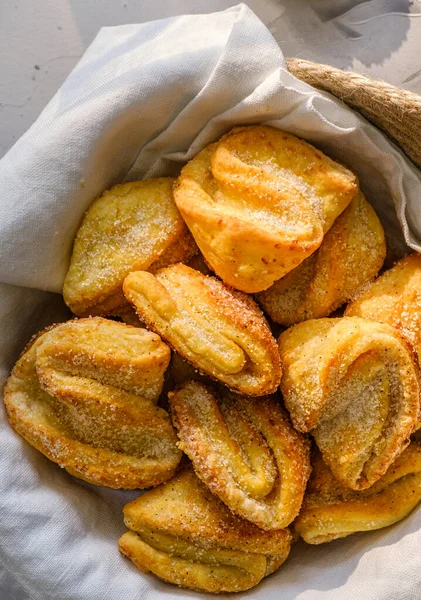 Curd Cookies Basket White Table Breakfast Concept Cottage Cheese Cookies — Stock Photo, Image