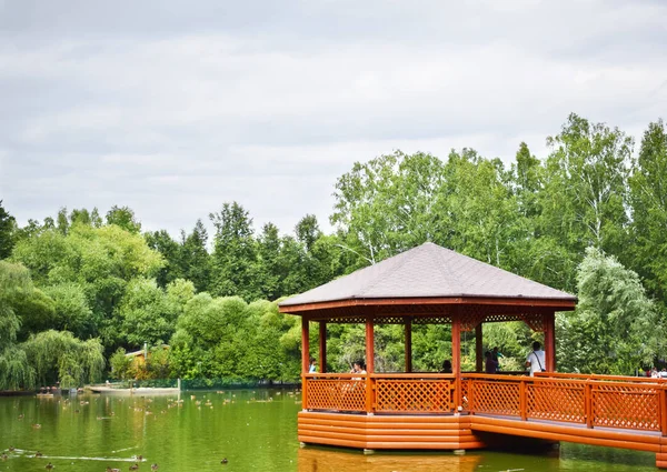 Wooden arbor on the lake between green trees — Stock Photo, Image