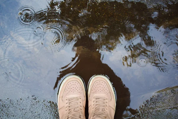 Γυναικεία πόδια σε sneakers σταθεί σε μια λίμνη βροχής Εικόνα Αρχείου