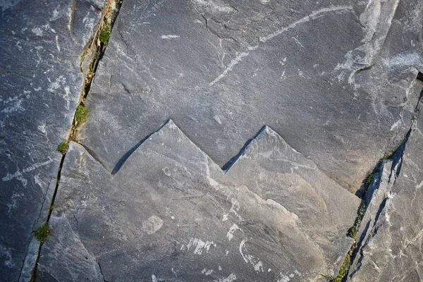 Superfície de pedra cinza com padrões e rachaduras em que o musgo brotou — Fotografia de Stock