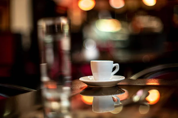 Cup Coffee Espresso Glass Water Bokeh Sunlight Sunshine Daylight Cafe — Stock Photo, Image