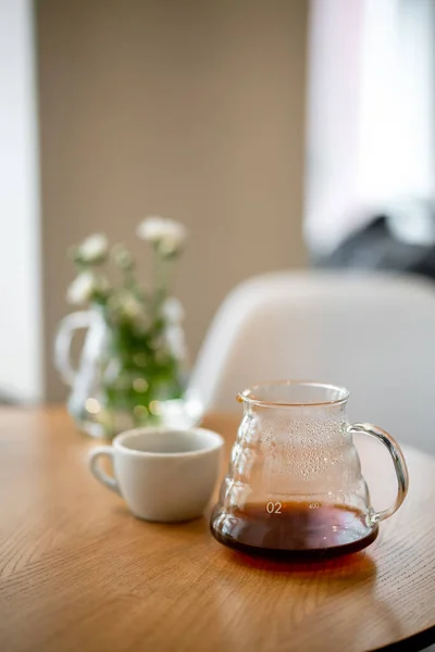 Black Filter Coffee Table Cafe Service Kettle Hario Pour Cup — Stock Photo, Image